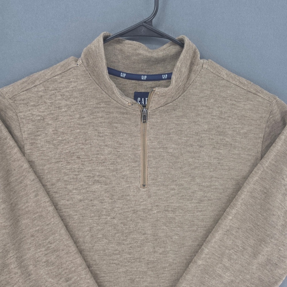 Gap Mens Large Tan Brown Ribbed Quarter Zip Pullover Mock Neck Long Sleeve Top